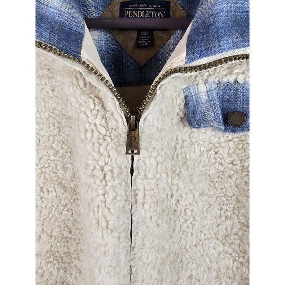 Pendleton Women's Jacket Size Small Beige Sherpa Blue Plaid Coat Full Zip - Picture 4 of 14